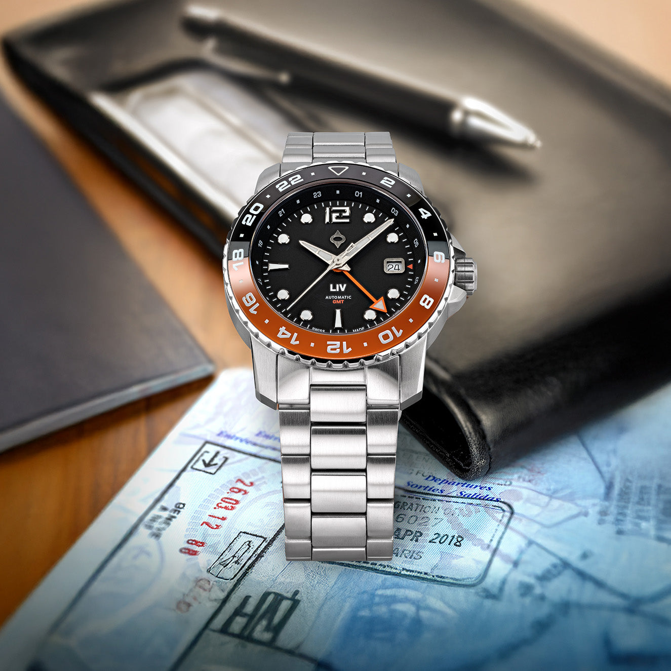 Trekker GMT Shadow Steel | LIV Swiss Travel Watch – LIV Swiss Watches