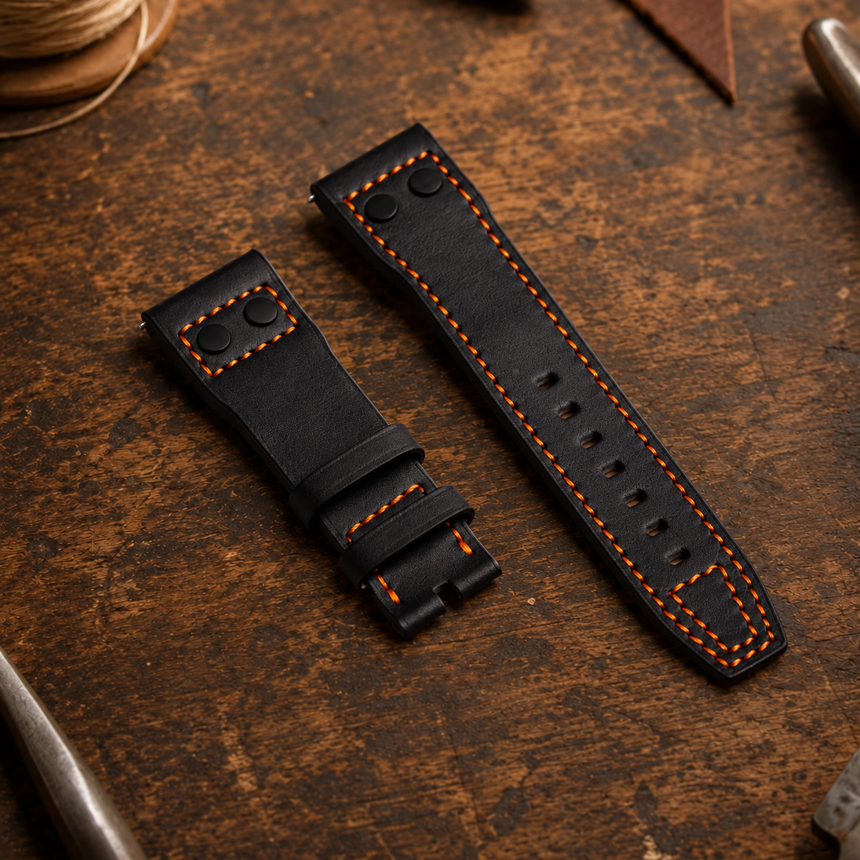 Pilot's Barenia Grain Leather | 22mm | Black Orange stitching with black rivets