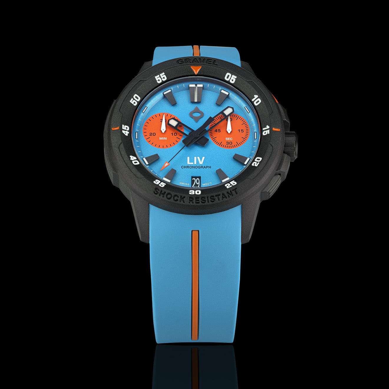 Blue watch with orange accents on a black background
